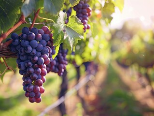 Sunlit bunches of ripe red grapes hang from a vine in a vineyard, with a blurred background suggesting rows of more vines