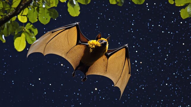 Fruit bat flying across dark night sky with stars and green leaves
