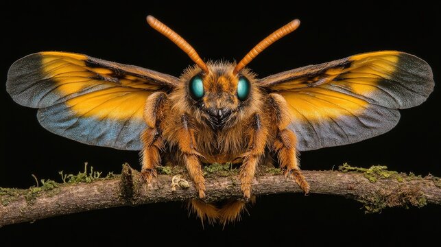 Furry brown moth with blue eyes perched on mossy branch