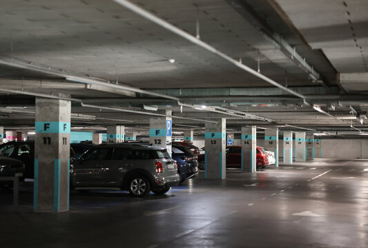 View of many cars in underground parking