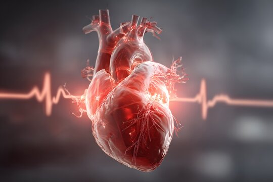 Realistic anatomical heart beats with vital signs display.