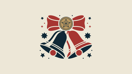 Festive illustration of two bells with a red bow and a star on a light beige background design
