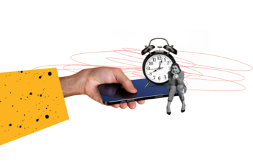 Composite photo collage of bored businesswoman sit phone screen hand deadline alarm clock regime expire isolated on painted background