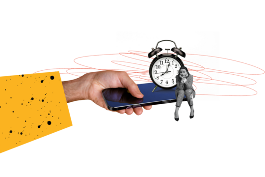 Composite photo collage of bored businesswoman sit phone screen hand deadline alarm clock regime expire isolated on painted background