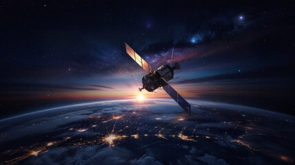 Satellite orbiting earth with city lights at sunrise and stars in the background, space exploration concept