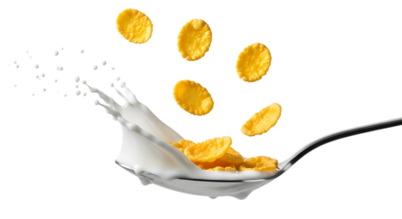 Cornflakes splashing into milk on a spoon isolated on transparent background