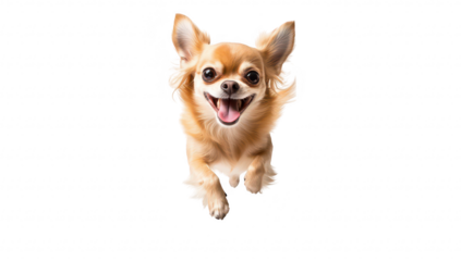 A joyful Chihuahua leaps into the air with a big smile. its playful nature against a clean white background. perfect for pet-related content or advertisements