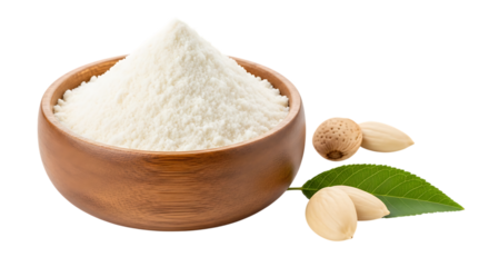 Almond flour in a wooden bowl with almonds and leaves isolated on transparent background