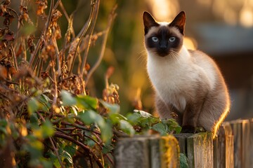 A cute cat sits on a wooden fence looking at the camera.