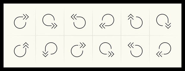 Outline circular and curved arrow icon set. Direction, navigation, downward, reload, clockwise, turn down, turn left, upward and more.