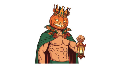 Pumpkin King's Royal Presence: A muscular, regal pumpkin-headed figure adorned with a crown, cape, and lantern, radiating autumn and halloween spirit.