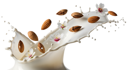 Almonds splashing into milk isolated on transparent background