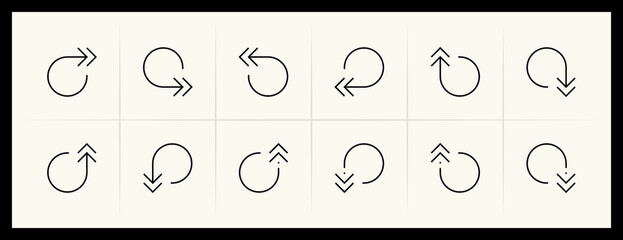 Outline circular and curved arrow icon set. Direction, navigation, downward, reload, clockwise, turn down, turn left, upward and more.