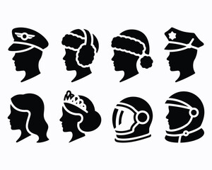 Collection of Stylized Silhouette Portraits Representing Various Professions and Roles Including Pilot, Winter Wearer, Police Officer, Princess, Astronaut, and Woman