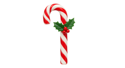 Christmas candy cane ornament with greenery On White