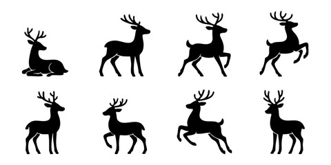 Set of deer silhouettes isolated on white background, black and white style. Vector illustration.