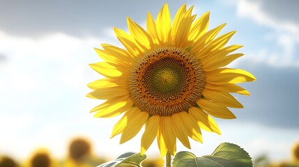 Close-up of a single sunflower facing the sky with crisp yellow petals and detailed seed textures in the center 
