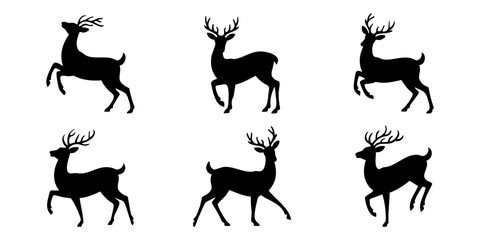 Set of deer silhouettes isolated on white background, black and white style. Vector illustration.