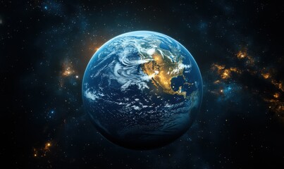 Majestic earth seen from space with glowing city lights and distant stars