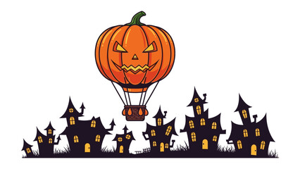 Halloween Pumpkin Hot Air Balloon: A spooky illustration of a jack-o'-lantern hot air balloon hovering over a silhouetted landscape of haunted houses.