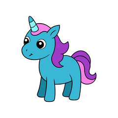 Fototapeta premium Adorable and charming cartoon baby unicorn illustration. A cute mythical creature with a vibrant blue body, playful pink mane, and sparkling eyes, perfect for magical designs