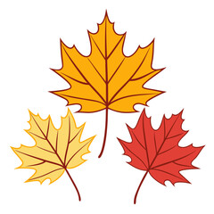 Obraz premium Vibrant illustration of three colorful autumn maple leaves in warm yellow, orange, and red hues, symbolizing the beauty of the fall season and changing nature