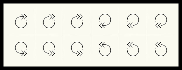 Outline circular and curved arrow icon set. Direction, navigation, downward, reload, clockwise, turn down, turn left, upward and more.