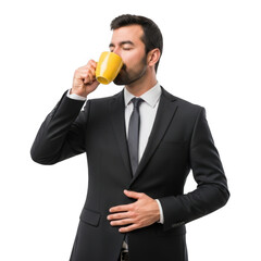 Man in suit enjoying a refreshing drink from a yellow mug black background isolated on transparent background