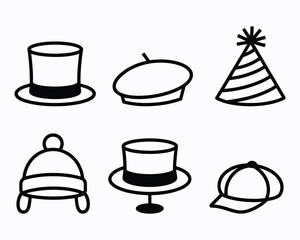 A Collection of Different Hats and Caps in Black and White Line Art Featuring a Party Hat, Beret, Top Hat, and More