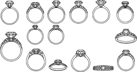diamond studded engagement rings vector set, wedding ring symbolizing love and commitment. Variety of designs, from classic solitaires to intricate patterns