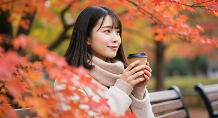 Beautiful Asian Woman Enjoying Coffee on Park Bench in Autumn Foliage