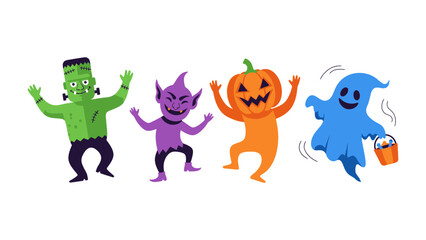 Whimsical Halloween Characters Dancing: Playful and colorful cartoon Halloween characters, including a friendly monster, a mischievous imp, a smiling pumpkin, and a jovial ghost.