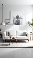 Bright Minimalist Living Room with White Sofa and Black and White Artwork Featuring Trees Sunny Ambiance and Warm Light