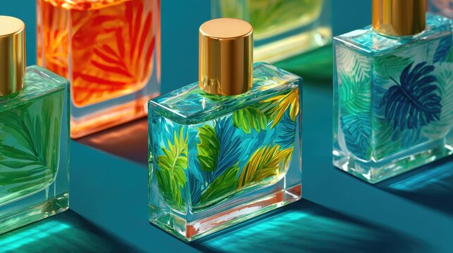 A maximalist flat lay of eclectic perfume bottles in clashing patterns and bright colors, arranged chaotically for an artsy vibe