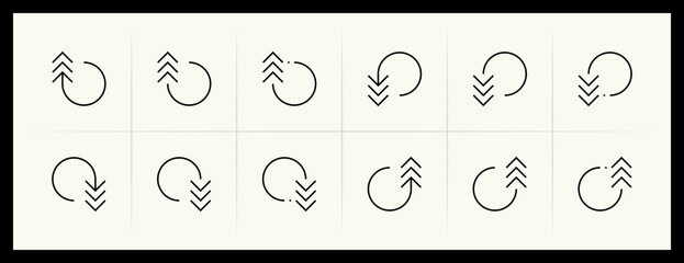 Outline circular and curved arrow icon set. Direction, navigation, downward, reload, clockwise, turn down, turn left, upward and more.