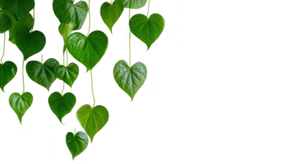 Lush green heart-shaped leaves gracefully hanging against a minimalist white background. creating a serene and calming atmosphere. ideal for nature-themed designs or wellness projects
