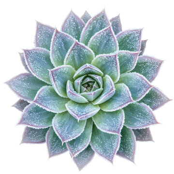 Rosette succulent with frosted edges and textured leaves, top-down view isolated on white background