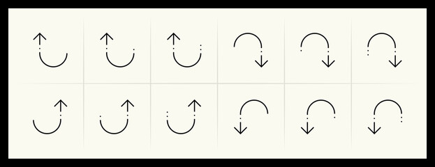 Outline circular and curved arrow icon set. Direction, navigation, downward, reload, clockwise, turn down, turn left, upward and more.