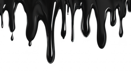 A close-up view of glossy black paint dripping down against a stark white background. creating a striking contrast that emphasizes the fluidity and texture of the paint