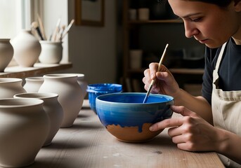 Young woman painting ceramic bowl with blue glaze in pottery studio, creating art with focus and care, showcasing artistic expression and craftsmanship.