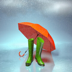 Rain concept, umbrella with boots in the rain
