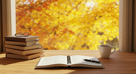 Cozy Autumn Reading with Open Book and Coffee by Window