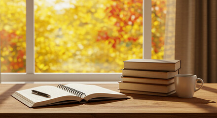 Cozy Autumn Reading with Open Book and Coffee by Window