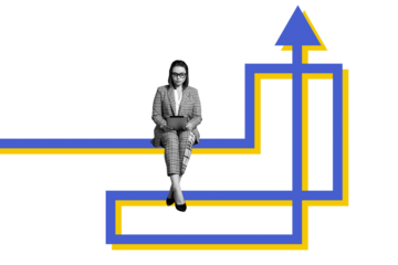 Composite photo collage of serious businesswoman surf ipad device arrow point up development concept career isolated on painted background