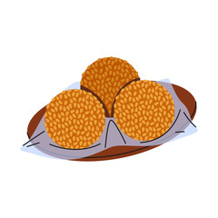 Chinese fried sesame balls dessert or China jiandui treat. Vector sweet food with rice flour. Asian cuisine snack or traditional confectionary for festival celebration. Bakery or pastry for market.