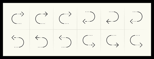 Outline circular and curved arrow icon set. Direction, navigation, downward, reload, clockwise, turn down, turn left, upward and more.