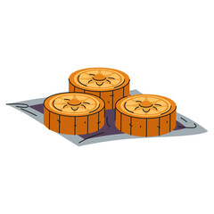 Chinese mooncake or mung bean cake. Vector mid autumn festive pastry or bakery for seasonal celebration. Layered dough treat. Dessert or sweet food. Culinary meal and cooking dish. Nutrition icon.