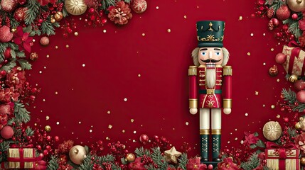 Nutcracker soldier with Christmas pine branches ornaments gifts and festive decorations on red background