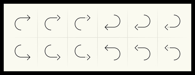Outline circular and curved arrow icon set. Direction, navigation, downward, reload, clockwise, turn down, turn left, upward and more.