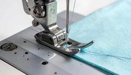Sewing machine close up with blue fabric and needle crafting